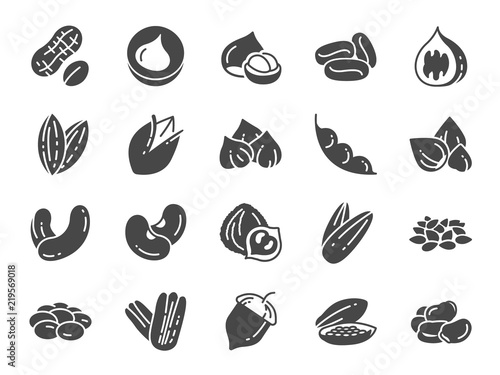 Fototapeta Naklejka Na Ścianę i Meble -  Nuts, seeds and beans icon set. Included icons as walnut, sesame, green beans, coffee, almond, pecan and more.