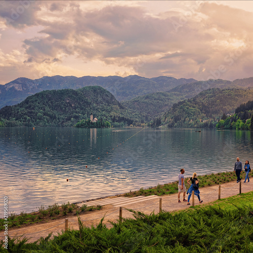 Beautiful scenery with people at Bled Lake Slovenia