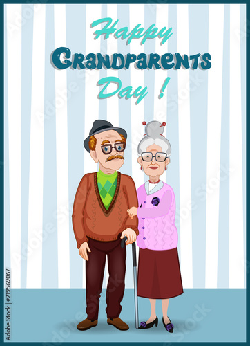 Happy grandparents day greeting card with elderly couple holding hands.