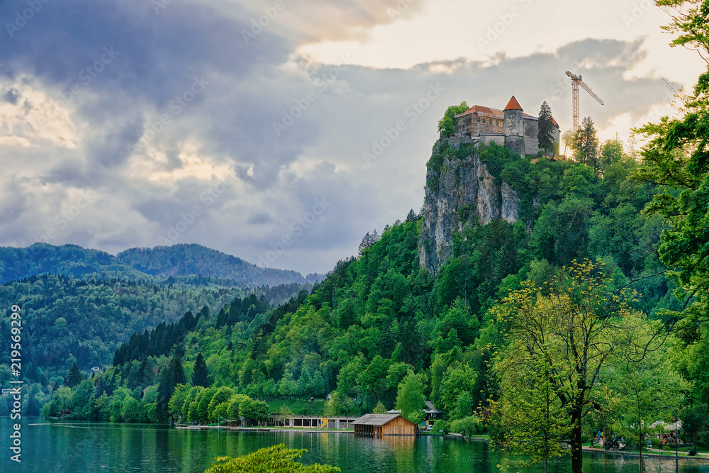 Castle on rock at Bled Lake Slovenia Europe