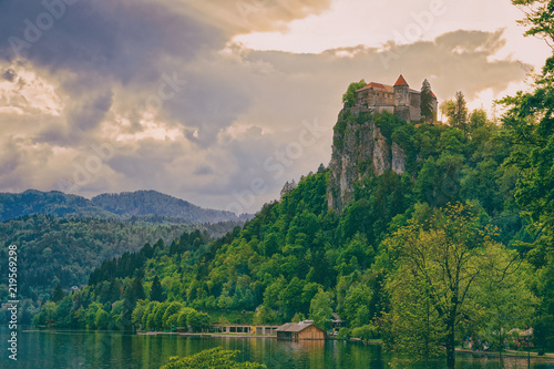 Castle on rock at Bled Lake Slovenia