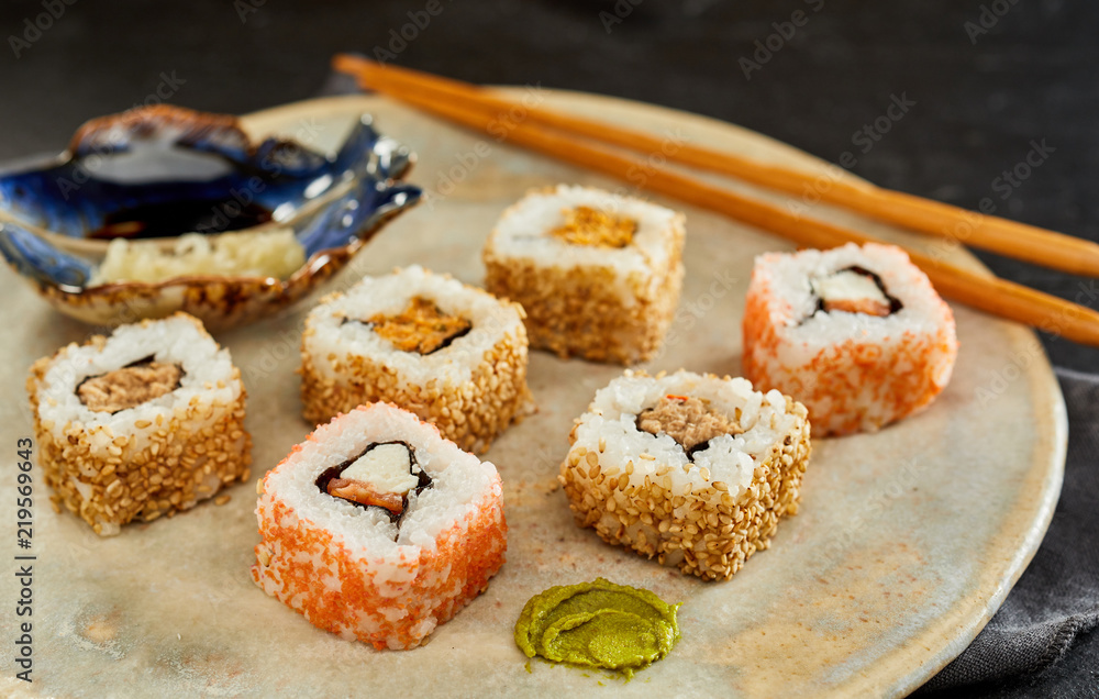 Tasty Uramaki Sushi rolls with wasabi Tasty Uramaki Sushi rolls with wasabi