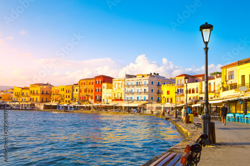 View of the old port of Chania, Crete Island, Greece.