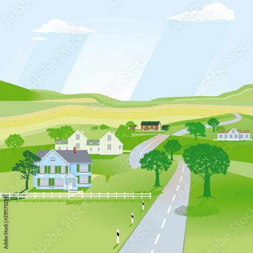 Landschaft mit Landstraße und Häusern