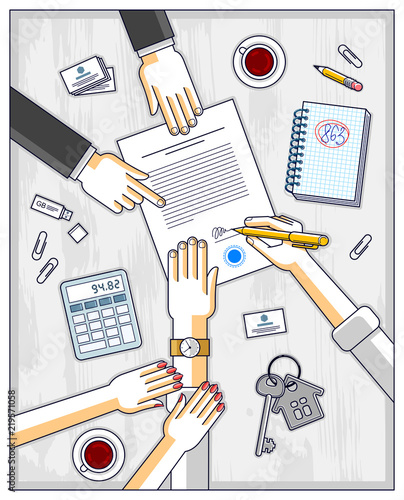 Husband signs bank mortgage hypothec for real property house buying and his wife helps him to dare to make a decision and employee explains terms of loan, top view people hands and paper. Vector.