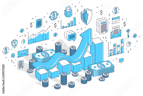 Success and income increase concept, growth chart stats bar with cash money stack isolated on white. 3d vector business isometric illustration with icons, stats charts and design elements.