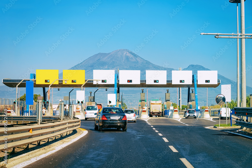 Toll booth with Blank signs on road in Italy