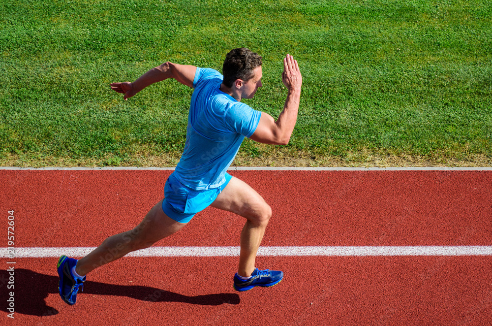 Fototapeta premium Man athlete run to achieve great result. Speed training guide. List ways to improve running speed. Athlete runner sporty shape in motion. Sport lifestyle and health concept. How run faster