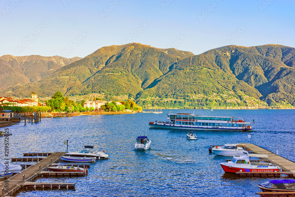 Boats at pier in Ascona in Ticino in Switzerland CH