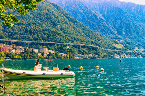 Sail boat on Geneva Lake summer Montreux