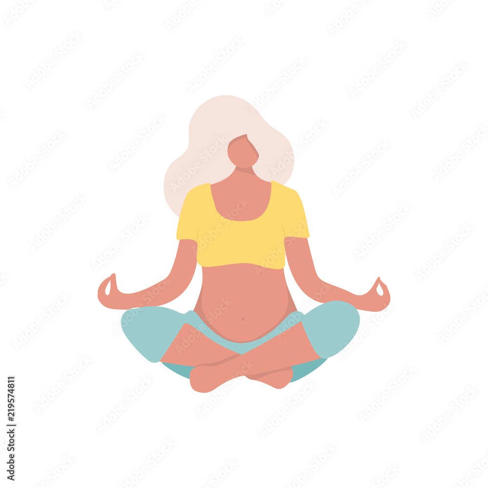 Vector Illustration. Young beautiful pregnancy woman character meditation while sitting yoga position in modern flat style. Fitness healthy lifestyle. Pregnant yoga pose for yoga studio.