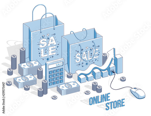 Online Shopping concept, web store, internet sales, Shop bag with pc mouse and cash money stacks and calculator isolated. Vector 3d isometric business and finance illustration.