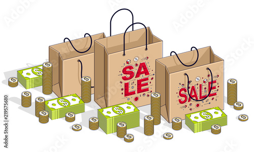 Big Sale concept, Retail, Sellout, Shopping Bag with cash money stacks and coin piles isolated on white background. Vector 3d isometric business and finance illustration, thin line design.