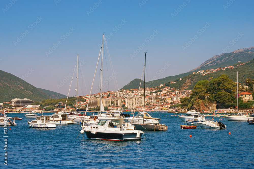 Summer Mediterranean landscape. Montenegro, Bay of Kotor. View of coastal town of Herceg Novi