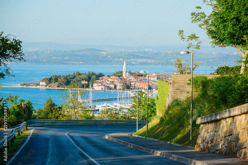 Picturesque road in Izola in Adriatic Sea in Slovenia - obrazy, fototapety, plakaty 