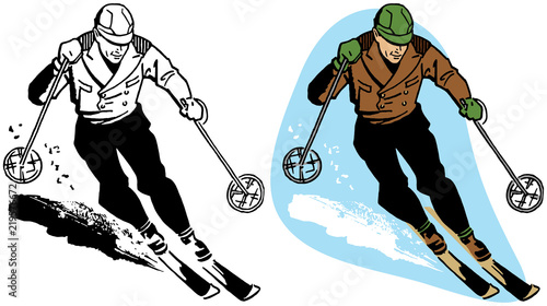 A man skiing swiftly downhill