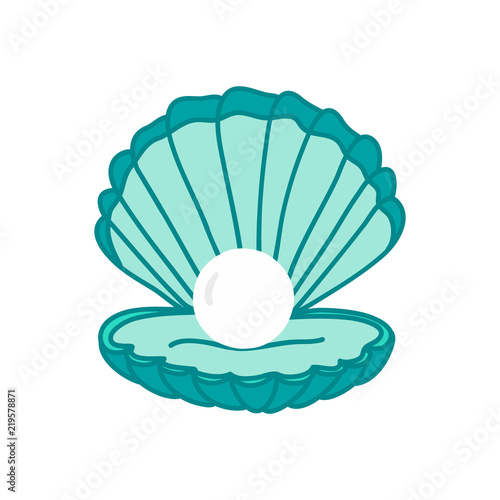 Open sea shell with pearl inside. Hand drawn illustration vector.