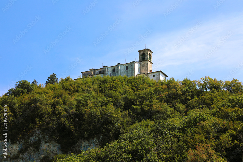 Beautiful view of the Sanctuary Madonna della Ceriola on the top of the Monte Isola Island, Lombardy, Italy