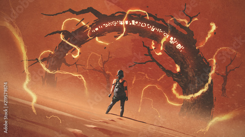 adventure scene showing the young woman standing in front of the odd tree gate with lightning effects against red desert, digital art style, illustration painting
