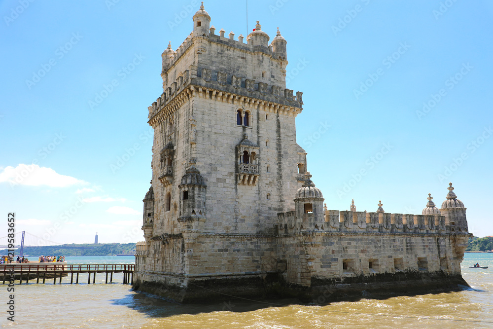 The Belem Tower (Torre de Belem), Lisbon, Portugal. It is an iconic site of the city, originally built as a defence tower, today it is used as a museum. It is a UNESCO World Heritage Site.