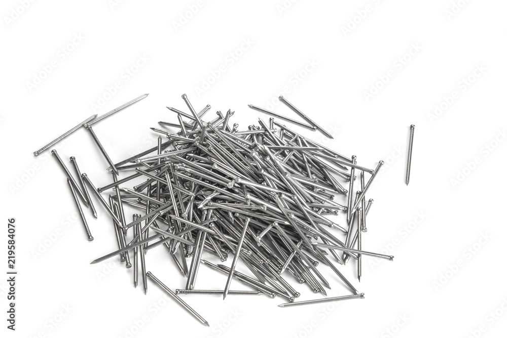 Metal construction nails on a white background Metal construction nails on a white background