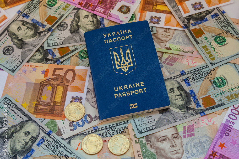 Ukrainian passport and banknotes.