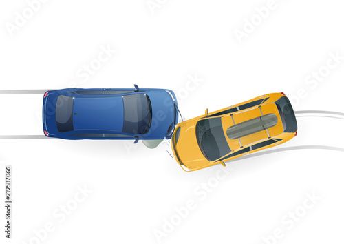 Car accident. Car crash top view isolated on white background. Situation on a road. Vector Illustration.