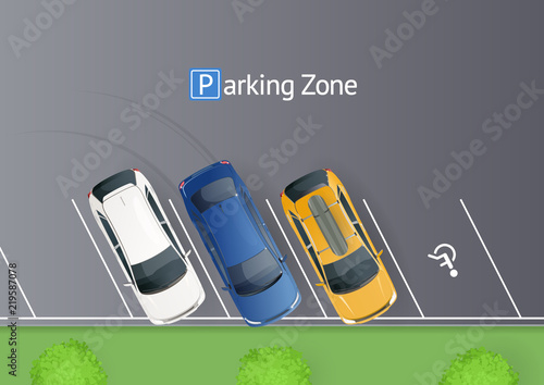Colored parked cars on the parking. Parking zone top view. One free place for invalid. Vector illustration.