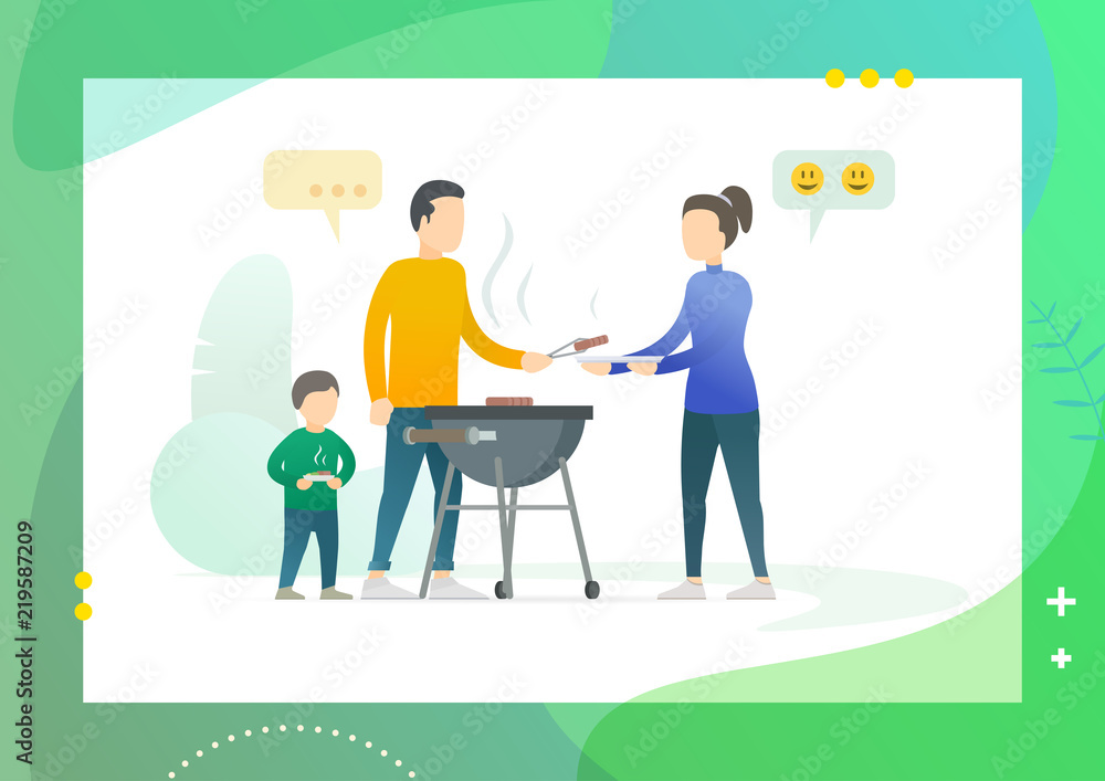 Family on bbq. Man cooking meat on a bbq grill for his wife and son. Conceptual Modern and Trendy colorful vector illustration for landing page. Web template.