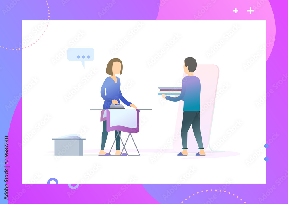 Domestic worker. Woman ironing clothes on an ironing board. Husband helps with domestic work to the wife. Conceptual Modern and Trendy colorful vector illustration for landing page. Web template. Domestic worker. Woman ironing clothes on an ironing board. Husband helps with domestic work to the wife. Conceptual Modern and Trendy colorful vector illustration for landing page. Web template.