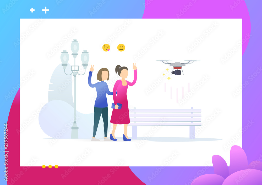 Two female friend walking in park. Girls taking selfie using a drone. Drone make a photo or video. Conceptual Modern and Trendy colorful vector illustration for landing page. Web template.
