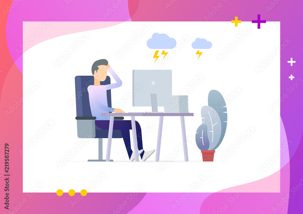 Man in pile of office papers scratching head. Stress at work. Over time and overworked. Conceptual Modern and Trendy colorful illustration for landing page. Web template.