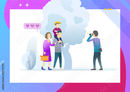 Photographer shooting Happy Family. Parents with son making photoshoot for memory. Conceptual Modern and Trendy colorful vector illustration for landing page. Web template.
