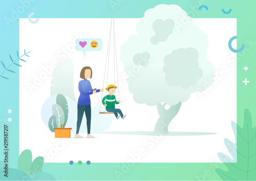 Mother and little boy playing in pretty garden color vector illustration, son ride on swing, woman holding smartphone, icons of heart and love smile. Conceptual Web template.