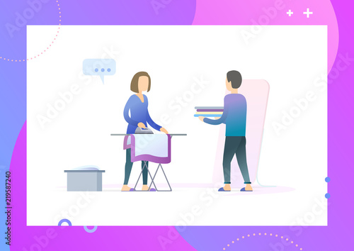 Domestic worker. Woman ironing clothes on an ironing board. Husband helps with domestic work to the wife.  Conceptual Modern and Trendy colorful vector illustration for landing page. Web template.