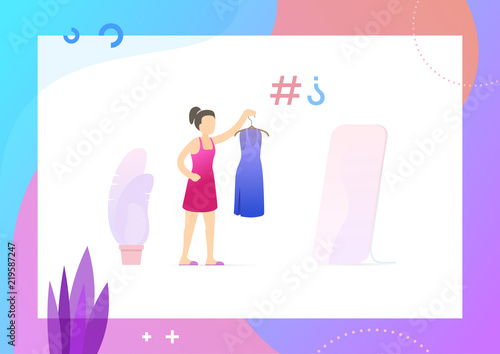 Young woman is standing in the wardrobe and trying on the dresses. Girl try clothing. Important issue. Conceptual Modern and Trendy colorful illustration for landing page. Web template.