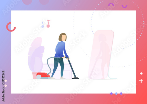Cleaning process in abstract room, mirror and cupboard near small domestic tree, woman with vacuum cleaner looking into show glass vector illustration. Conceptual Web template.