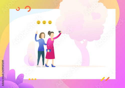 Two happy friends. Girls take a selfie in the Park. Conceptual Modern and Trendy colorful illustration for landing page. Web template.