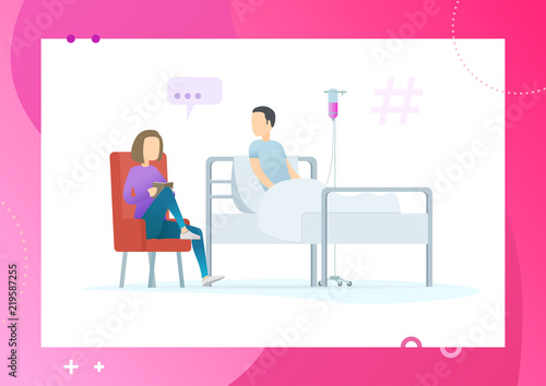 Girl reading a book for a sick man. Sick man lying in a medical bed. Visitor in hospital. Conceptual Modern and Trendy colorful vector illustration for landing page. Web template.