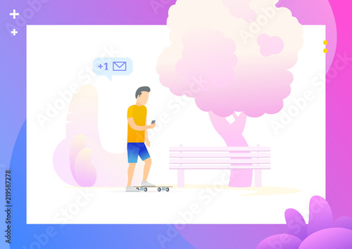 Skateboarder in the park. Guy reads the messages on the phone. Mobile chat. Conceptual Modern and Trendy colorful illustration for landing page. Web template.
