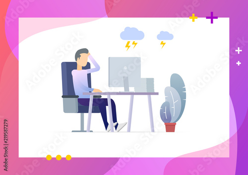 Man in pile of office papers scratching head. Stress at work. Over time and overworked. Conceptual Modern and Trendy colorful illustration for landing page. Web template.