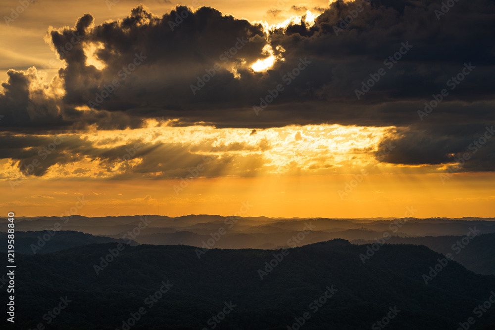 Sun rays over the Appalachian Mountains of Kentucky