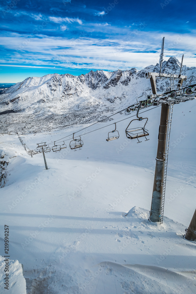 Frozen cableway in the Tatra mountains in winter, Poland