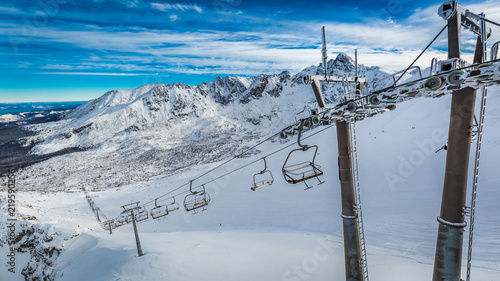 Mountain lift from Kasprowy Wierch in winter, Tatra Mountains, Poland