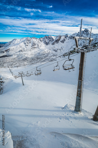 Frozen cableway in the Tatra mountains in winter, Poland