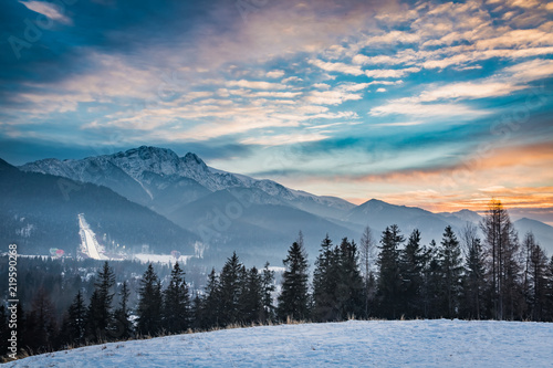 Winter skiing competitions in Zakopane at sunset  Poland