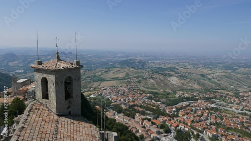 Panoramic view of San Marino seen from first tower known as Guaita in a summer day