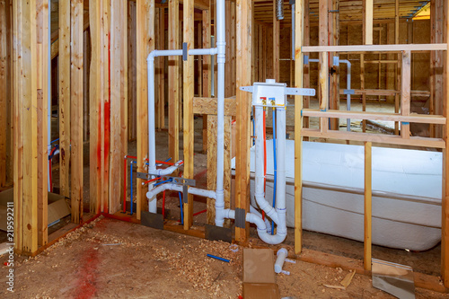 Tablou pe pânză New under construction bathroom interior with interior framing of new house unde