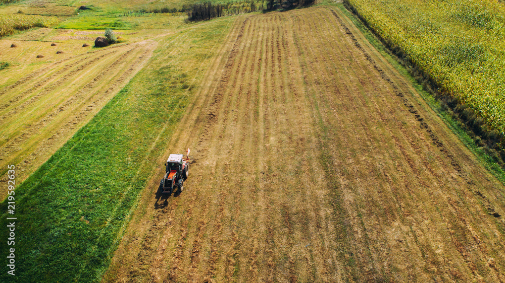 Drone view - agricultural details. Harvesting industry with farmer and machinery