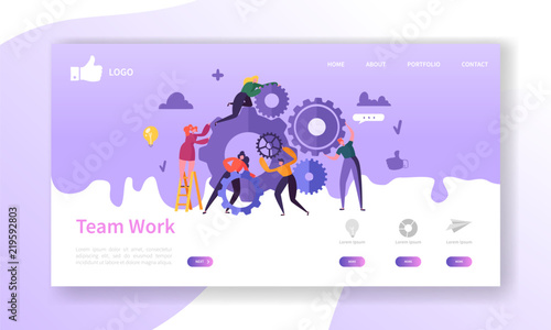 Website Development Landing Page Template. Mobile Application Layout with Flat Business People Running Gears. Team Work Concept. Easy to Edit and Customize. Vector illustration
